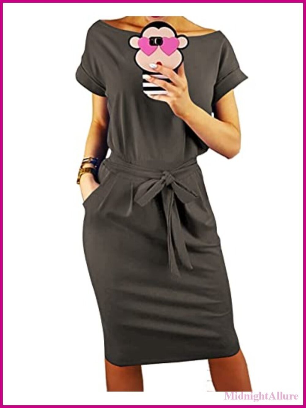 Short Sleeve Crewneck Striped Tie Waist Bodycon Midi Dress with Pockets